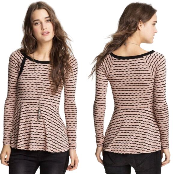 Free People Long Sleeve Peplum Top Womens M Pink Black Striped Pin Up Hourglass - Picture 2 of 11